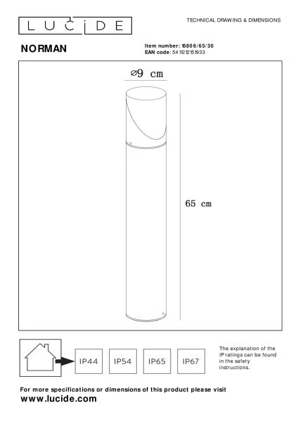 Lucide NORMAN - Borne extérieur - Ø 9 cm - 1xE27 - IP65 - Noir - technique